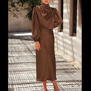 Womens Mock Neck Long Sleeve Satin Dress - Color: Brown / Size: Small